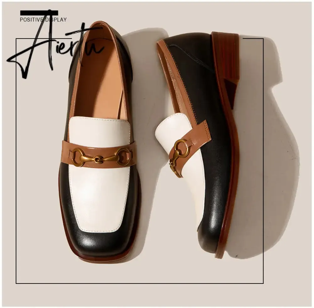 Aiertu Penny Loafers Women Genuine Leather Color Block Slip On Square Toe Metal Decoration Flats Ladies Shoes