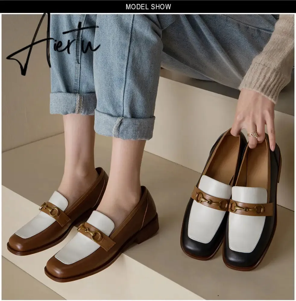 Aiertu Penny Loafers Women Genuine Leather Color Block Slip On Square Toe Metal Decoration Flats Ladies Shoes