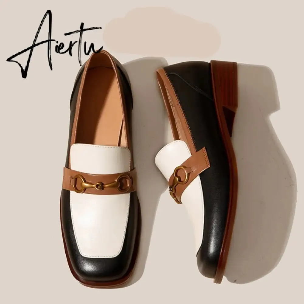 Aiertu Penny Loafers Women Genuine Leather Color Block Slip On Square Toe Metal Decoration Flats Ladies Shoes