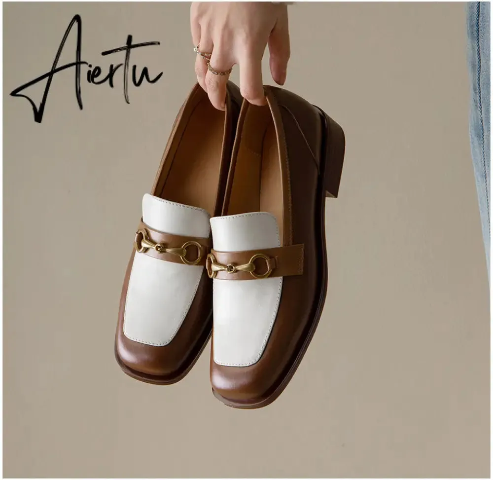 Aiertu Penny Loafers Women Genuine Leather Color Block Slip On Square Toe Metal Decoration Flats Ladies Shoes