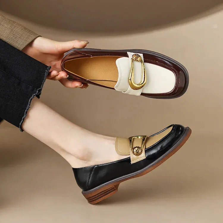 Aiertu Penny Loafers Women Genuine Leather Color Block Slip On Square Toe Metal Decoration Flats Ladies Shoes