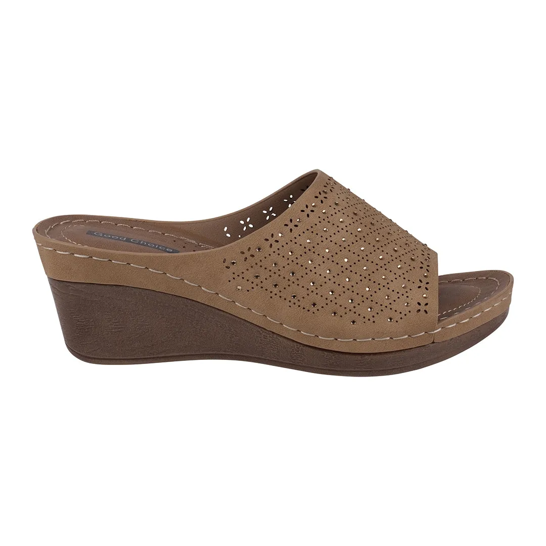 Atlanta Tan Studded Slip On Comfort Wedge Sandals