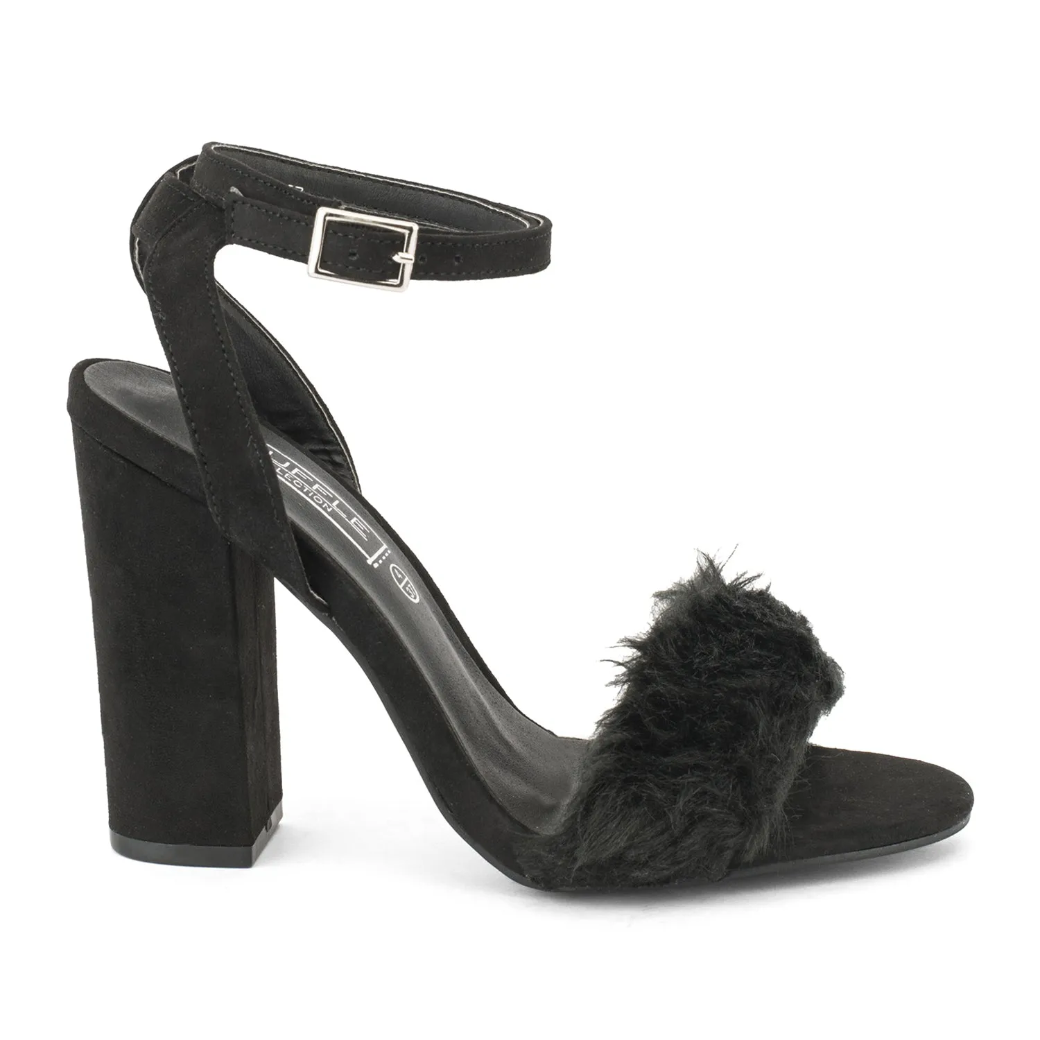 Black Block Heel Fur Sandals