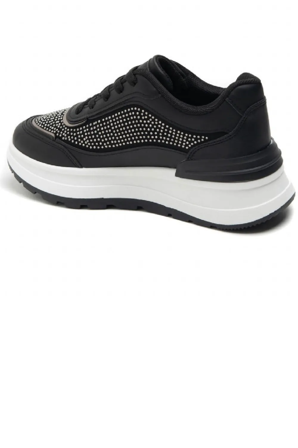 BLACK FLAT CHUNKY DIAMANTE DETAIL LACE UP SNEAKERS TRAINERS