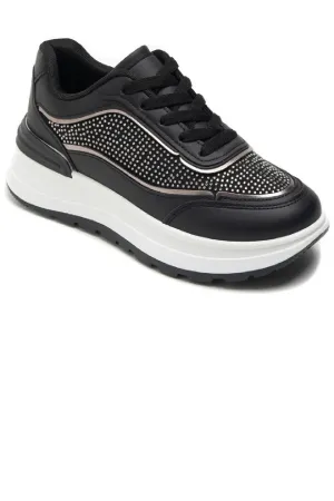 BLACK FLAT CHUNKY DIAMANTE DETAIL LACE UP SNEAKERS TRAINERS