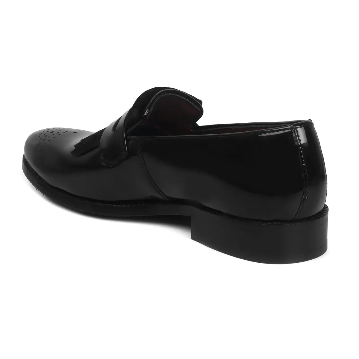 Black Patent Leather Slip-On Shoe With Suede Fringes