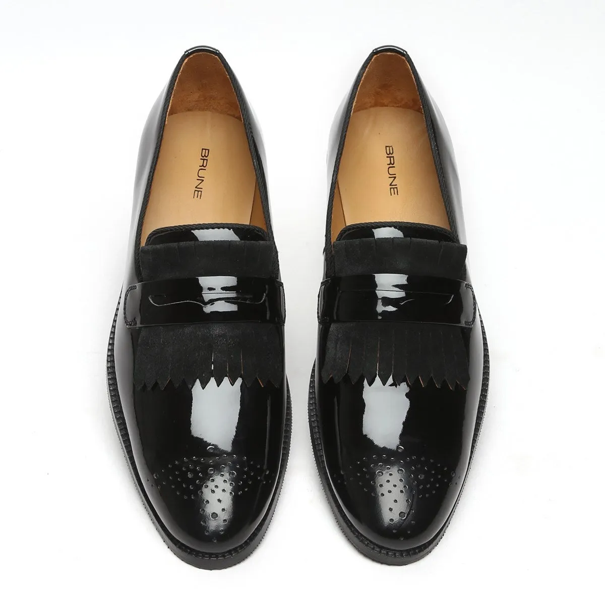 Black Patent Leather Slip-On Shoe With Suede Fringes