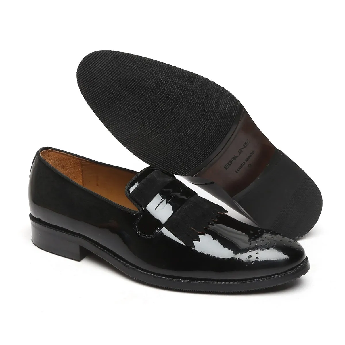 Black Patent Leather Slip-On Shoe With Suede Fringes