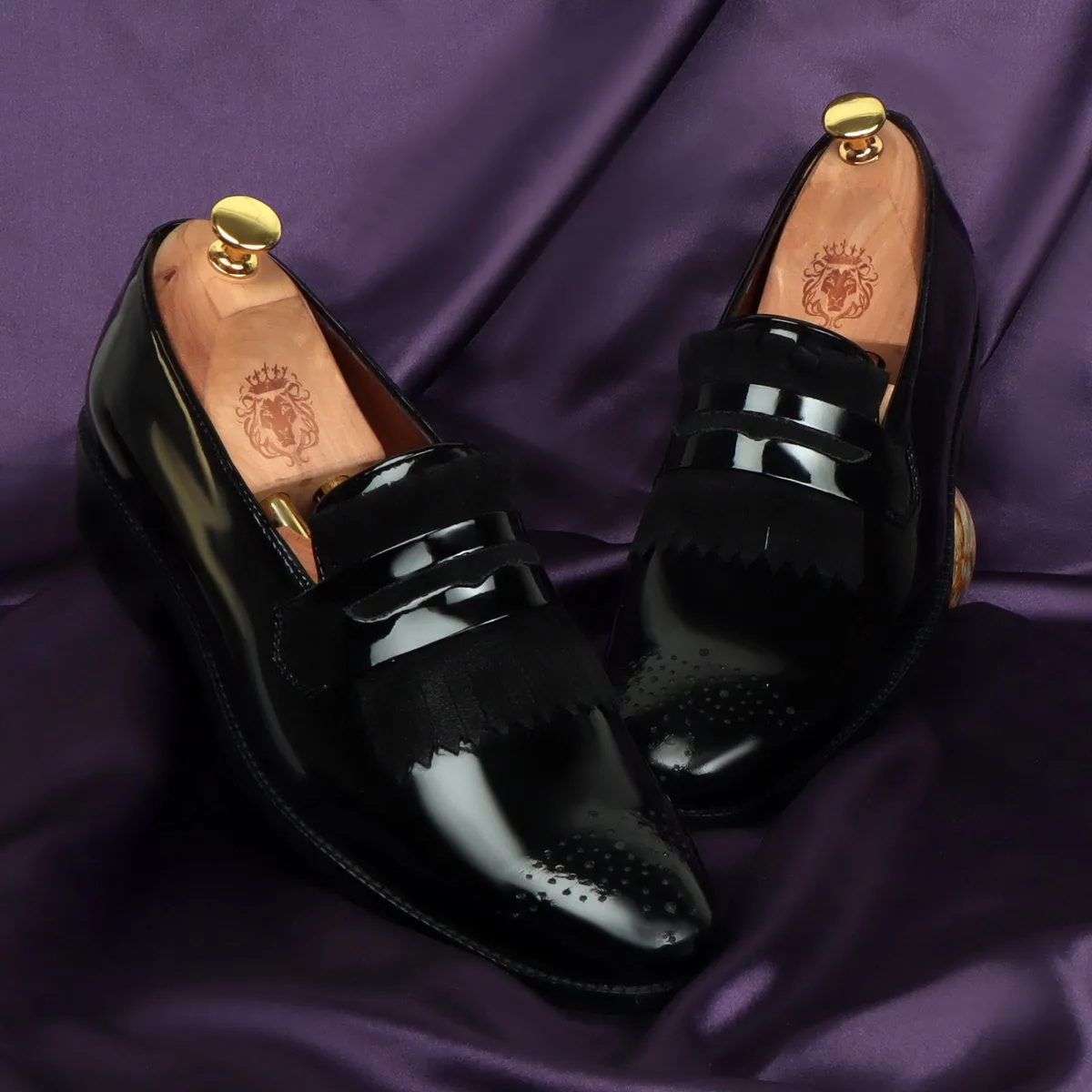 Black Patent Leather Slip-On Shoe With Suede Fringes