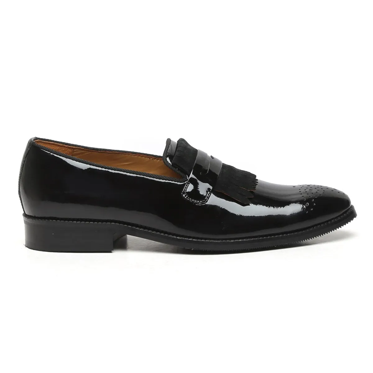 Black Patent Leather Slip-On Shoe With Suede Fringes