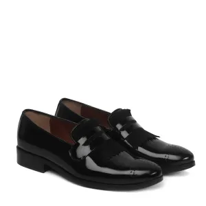 Black Patent Leather Slip-On Shoe With Suede Fringes