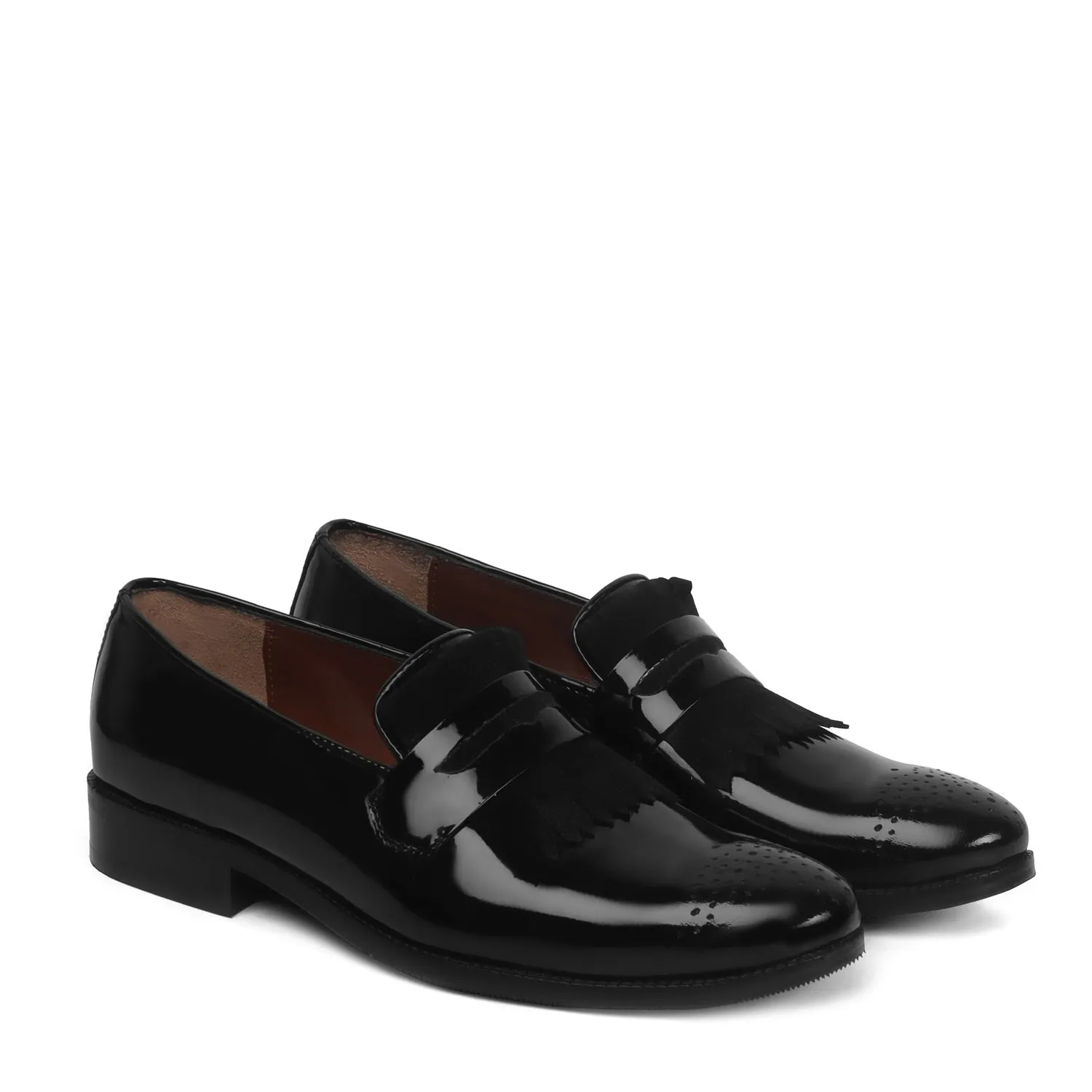 Black Patent Leather Slip-On Shoe With Suede Fringes