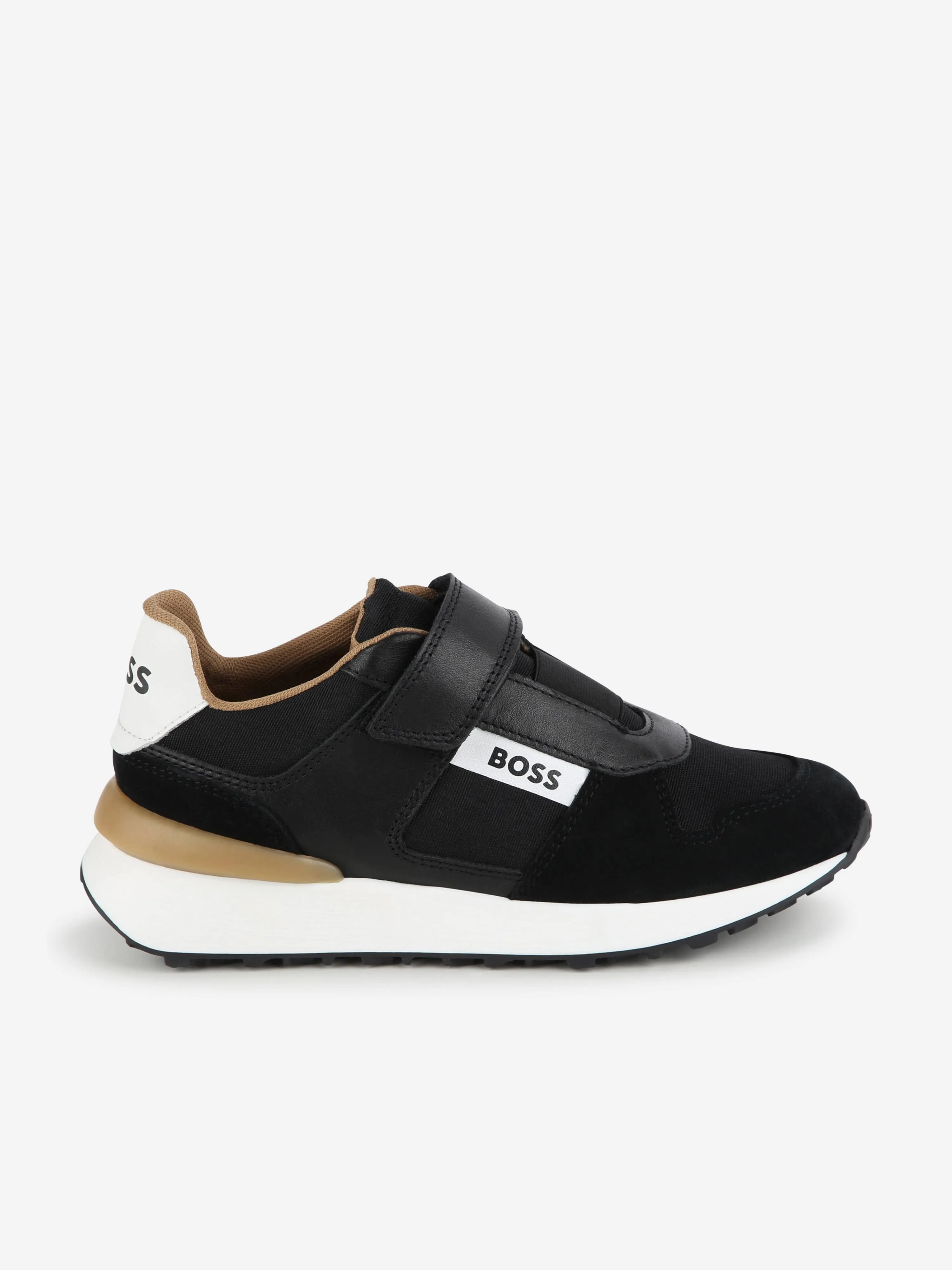 BOSS Boys Leather Logo Velcro Trainers in Black