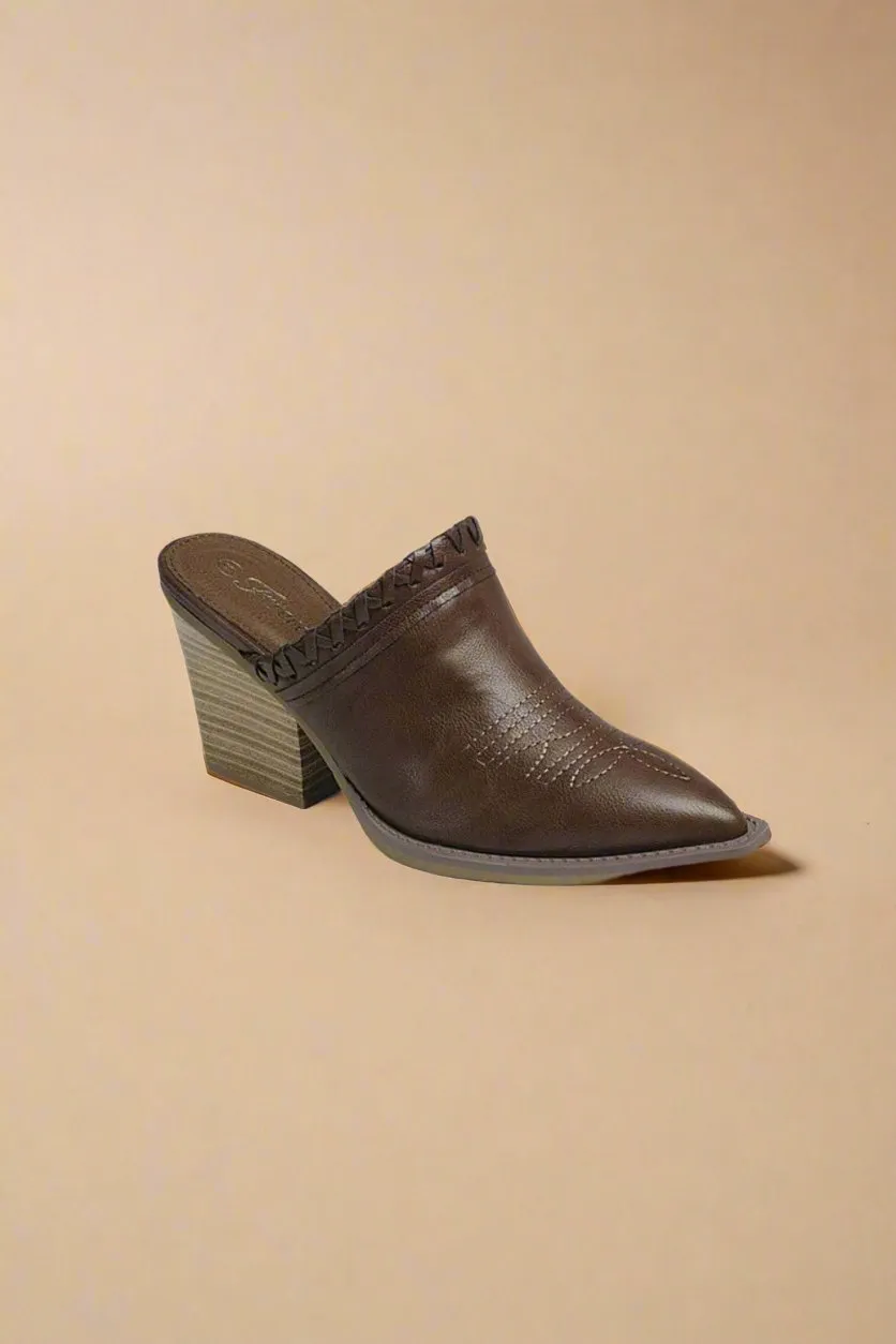 Brown Vegan Leather Pointy Toe Chunky Mules