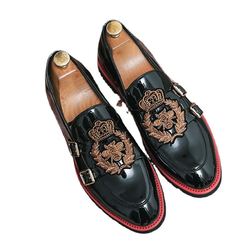 Buckle Strap Crown Embroidery Shiny Loafers