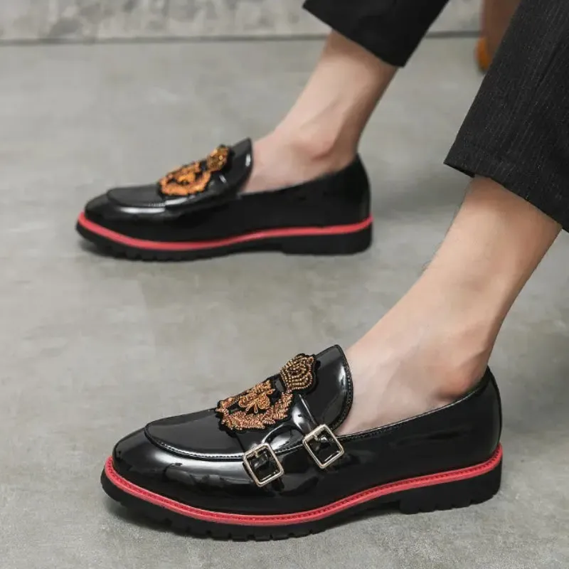 Buckle Strap Crown Embroidery Shiny Loafers