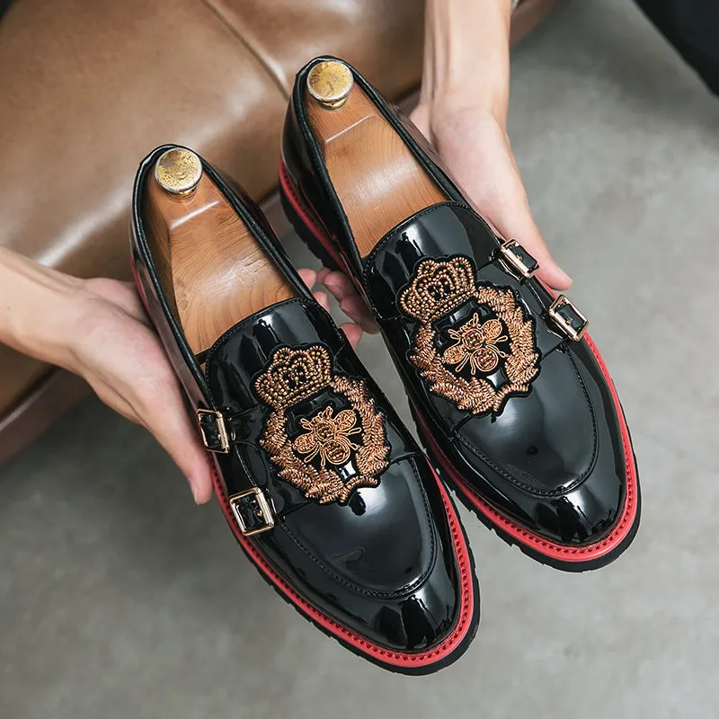 Buckle Strap Crown Embroidery Shiny Loafers