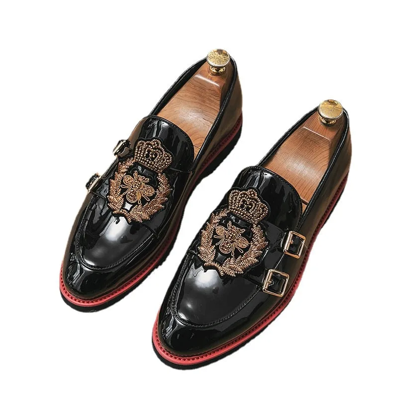 Buckle Strap Crown Embroidery Shiny Loafers