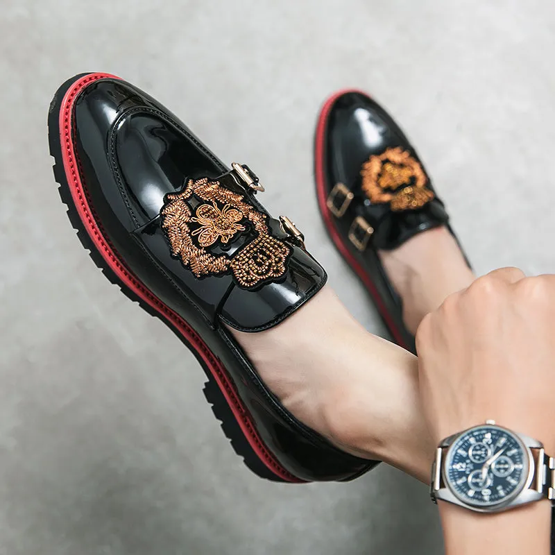 Buckle Strap Crown Embroidery Shiny Loafers