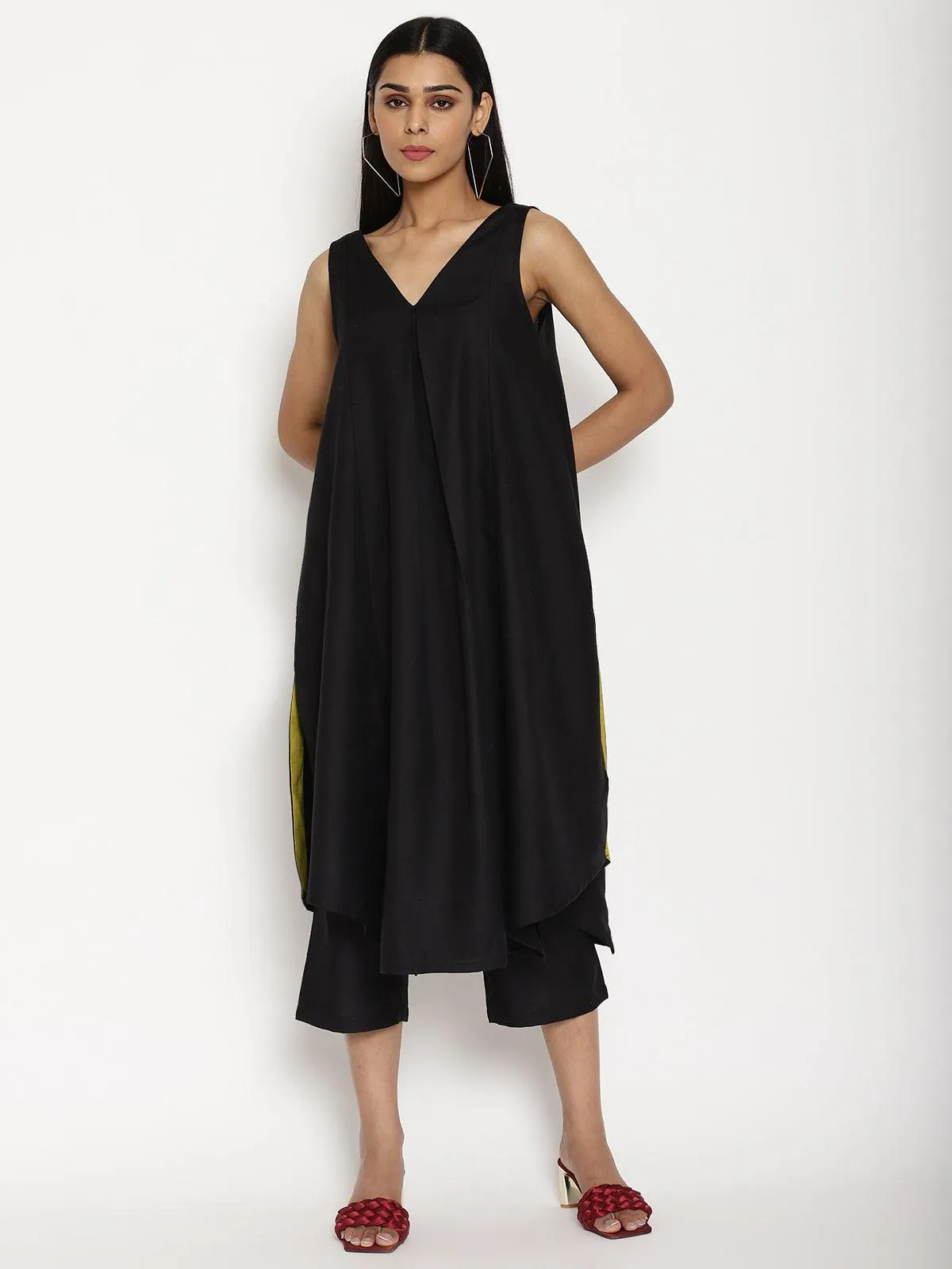 Cotton Linen Black Sleeveless Flared Kurta Pant | Relove