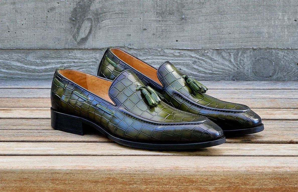 Crocodile Embossed Calfskin Slip-On Loafer Olive