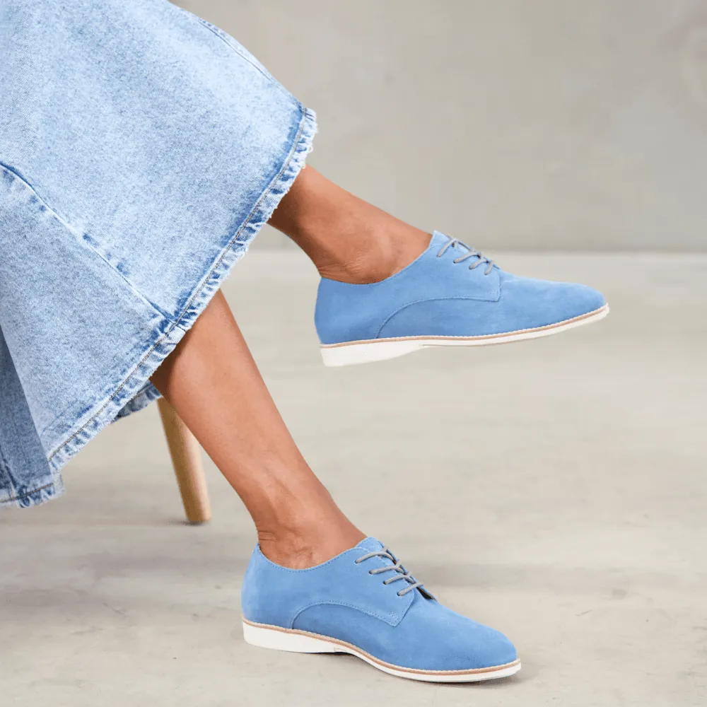 Derby Super Soft Denim Blue Suede Lace Up Flats