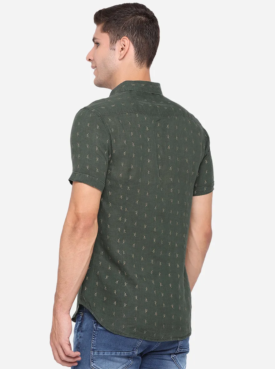 Forest Green Printed Slim Fit Semi Casual Shirt | JadeBlue