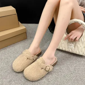 Furry Closed-Toe Half-Slip Thick Sole Warm Cotton 2024 Winter Shoes