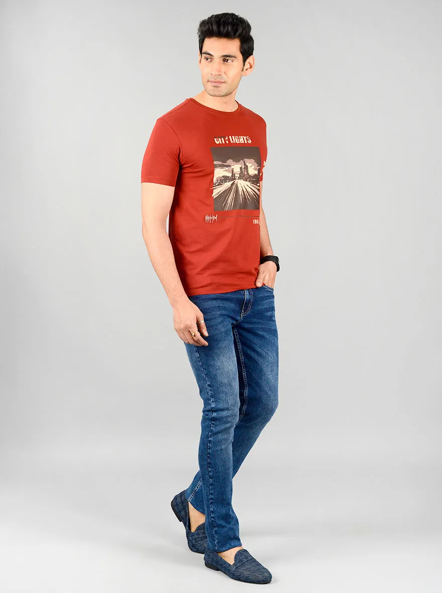 Garnet Red Printed Slim Fit T-shirt | JadeBlue