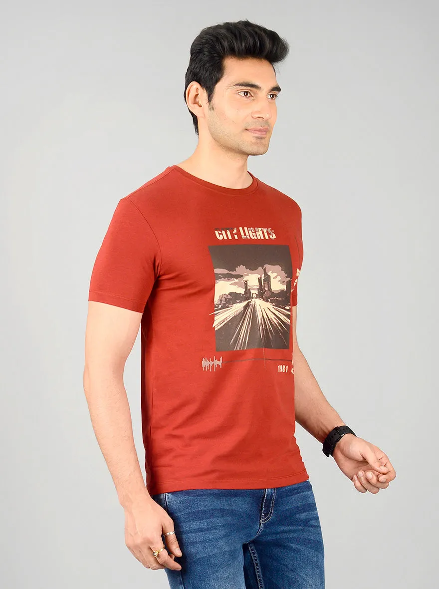 Garnet Red Printed Slim Fit T-shirt | JadeBlue