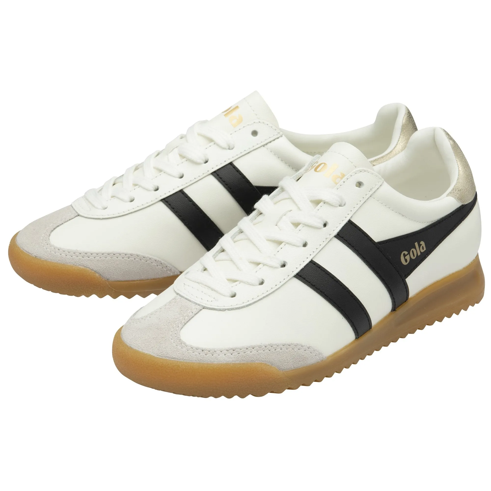 Gola Torpedo Leather Ladies Off White/Black/Gold Leather Lace Up Trainers