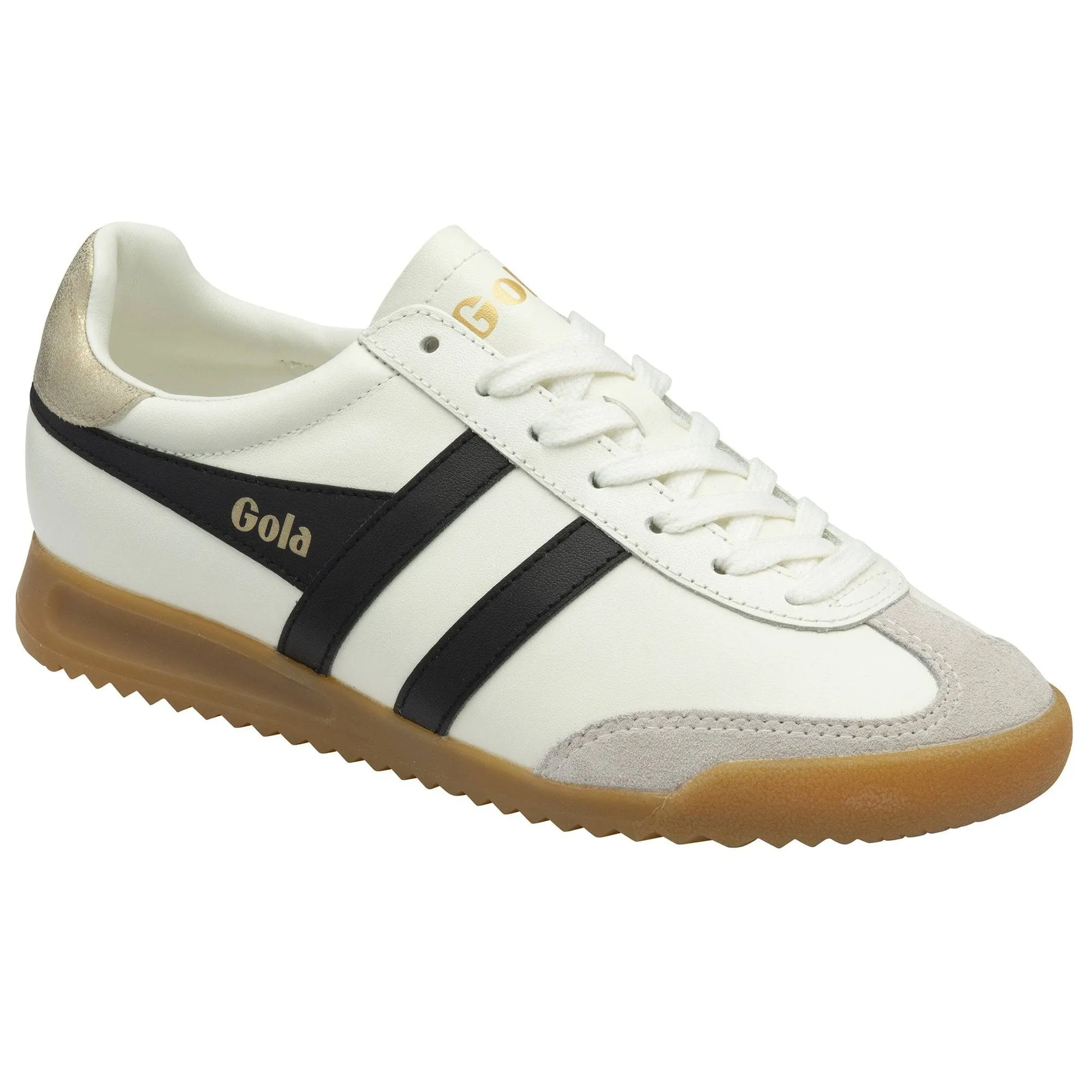 Gola Torpedo Leather Ladies Off White/Black/Gold Leather Lace Up Trainers