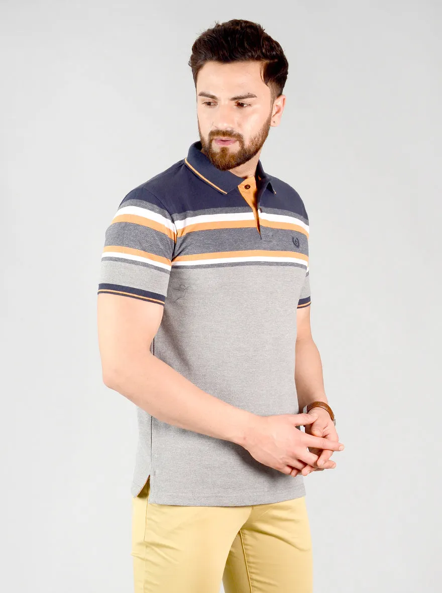 Grey & Blue Striped Slim Fit Polo T-shirt | Greenfibre