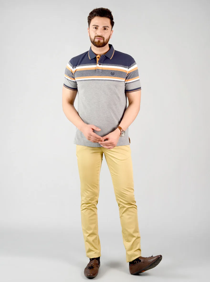 Grey & Blue Striped Slim Fit Polo T-shirt | Greenfibre