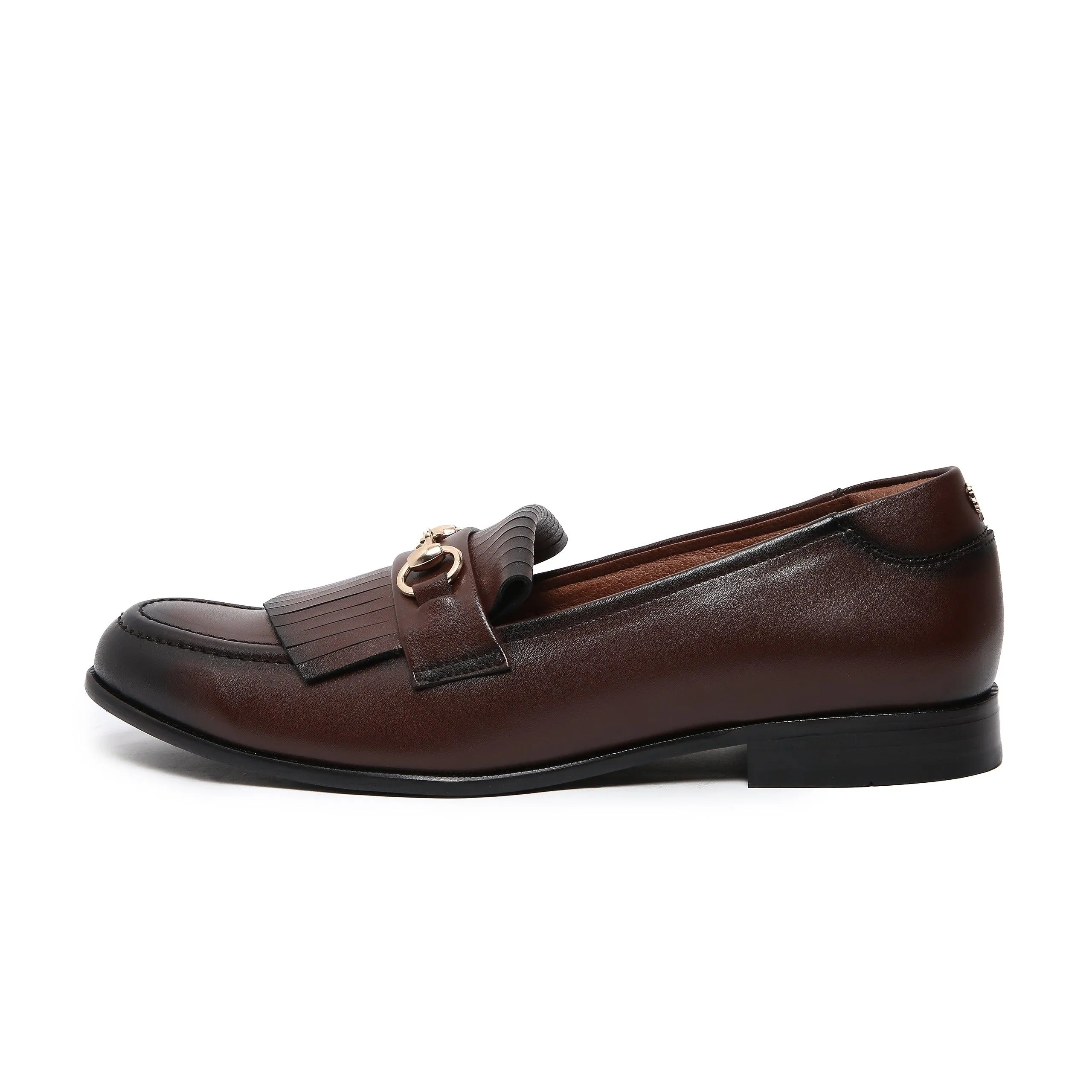 GUSTOSO DARK TAN | GOLDEN HORSEBIT FRINGE SLIP-ON