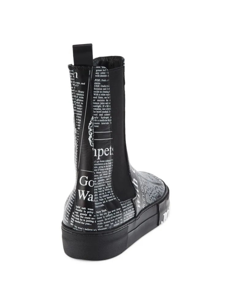 John Galliano Leather Chelsea Boots with Gazette Print, Black