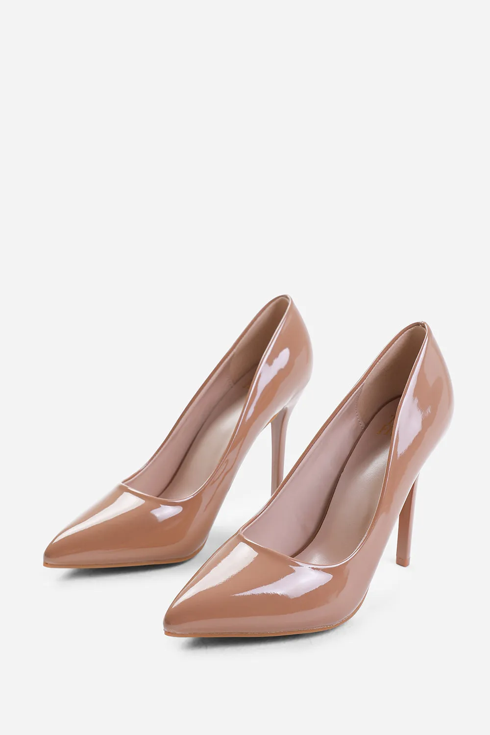 KYRA WIDE FIT HIGH HEEL STILETTO PUMPS IN MOCHA PATENT FAUX LEATHER