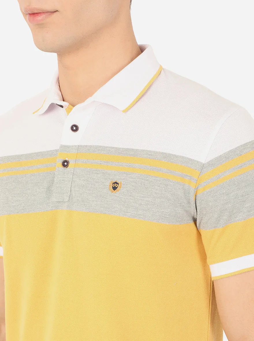 Light Yellow Striped Slim Fit Polo T-Shirt | JadeBlue