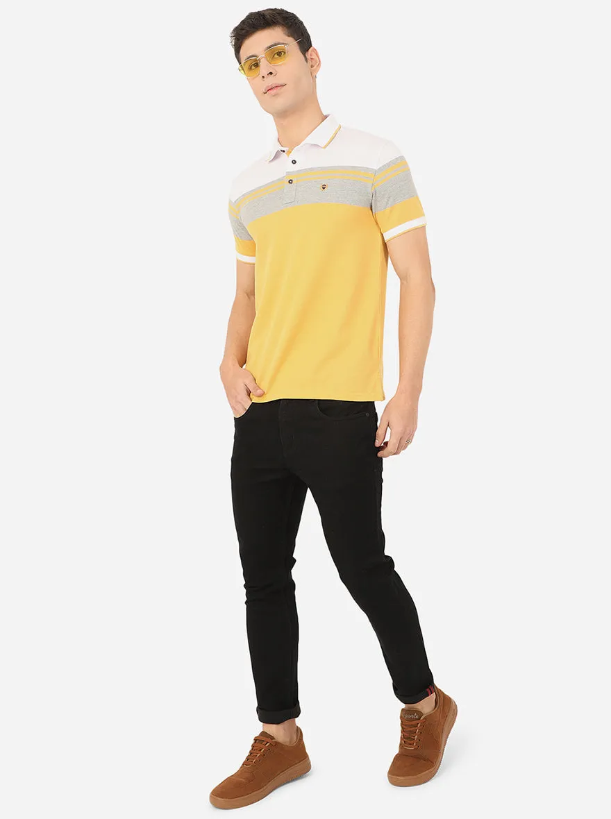 Light Yellow Striped Slim Fit Polo T-Shirt | JadeBlue