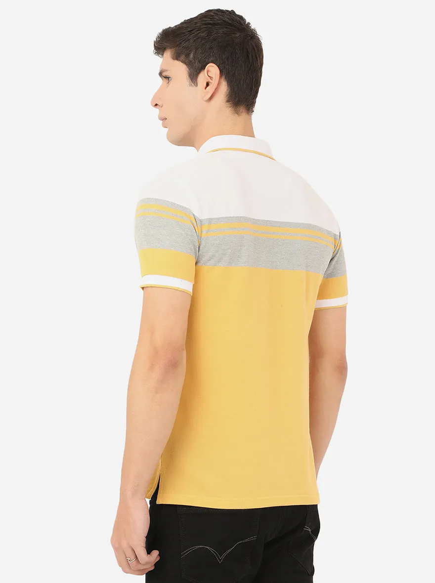 Light Yellow Striped Slim Fit Polo T-Shirt | JadeBlue