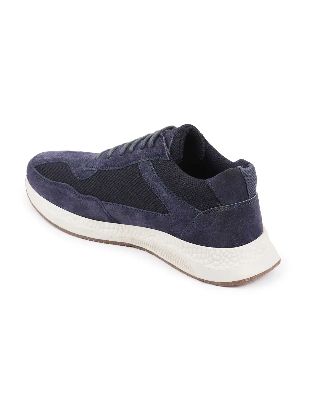 Men Navy Blue Suede Leather Lace Up Casual Sneaker Shoes