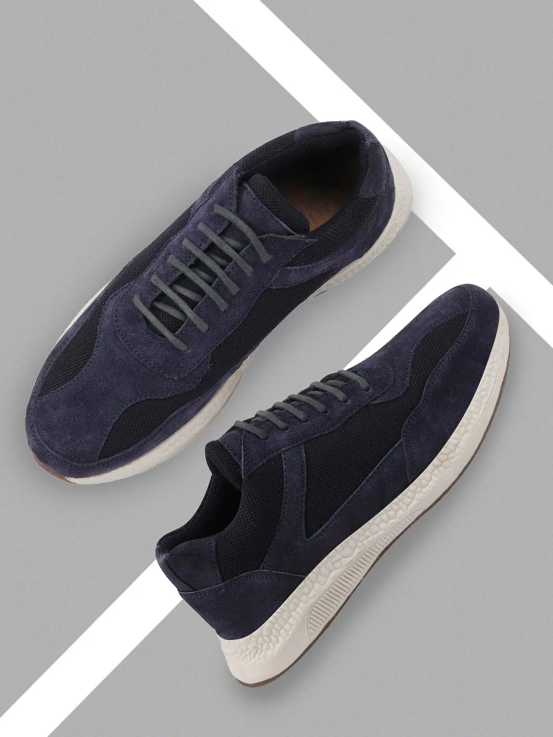 Men Navy Blue Suede Leather Lace Up Casual Sneaker Shoes