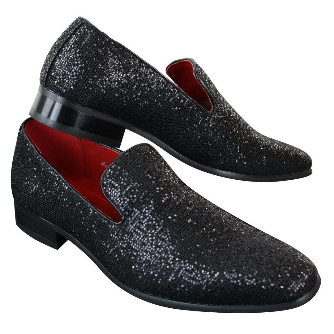 Mens Shiny Silver Gold Black Slip On Glitter Shoes Party Smart Patent Leather