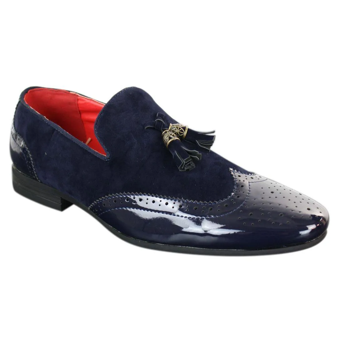 Mens Slip On Tassel Driving Shoes Shiny Black Navy Red Patent Leather PU Suede Loafers