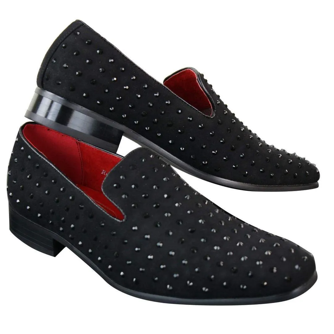 Mens Suede Slip On Loafers Shoes Stud Spikes Silver Smart Casual Shiny Party