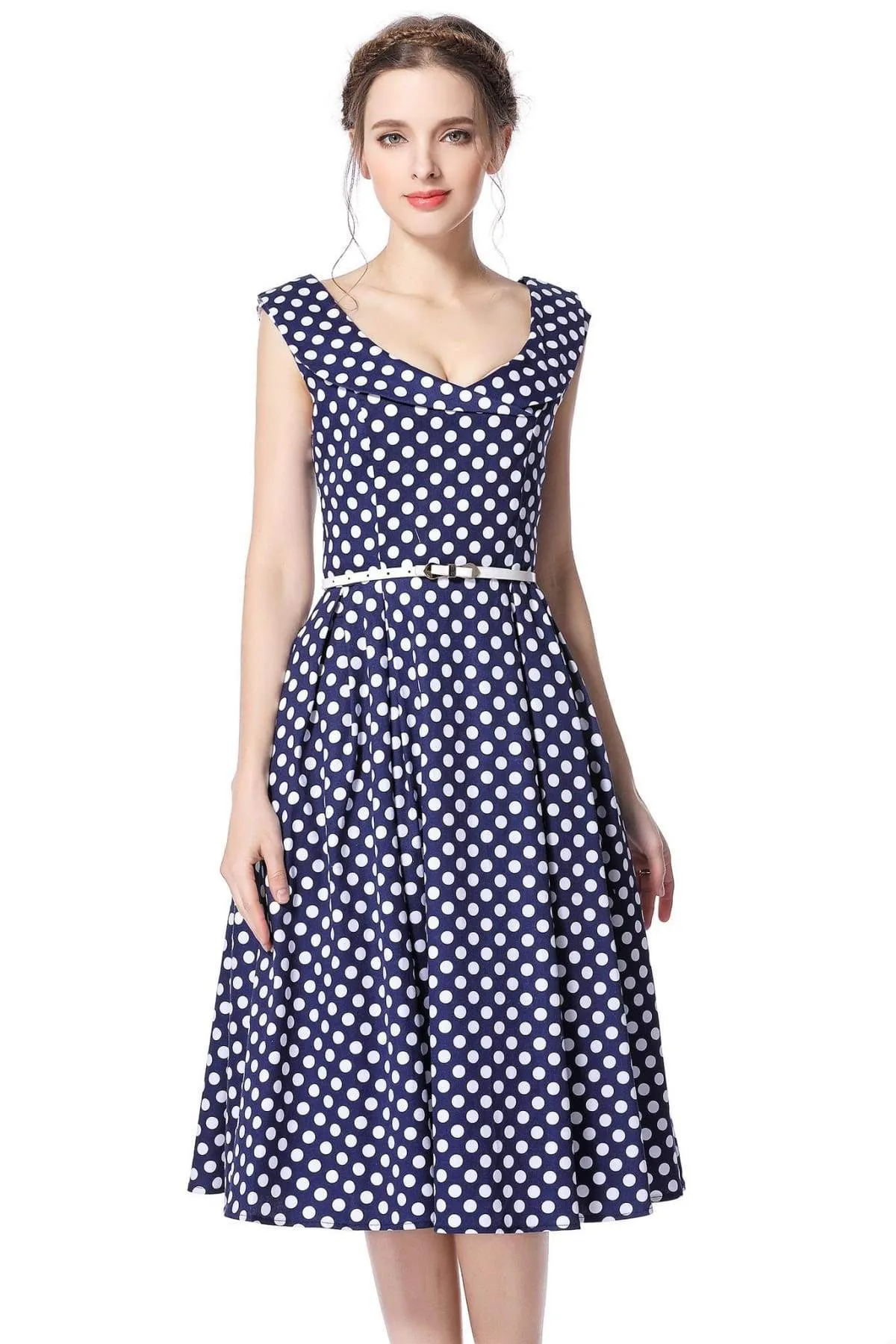 Navy & White Polka Dot Cross Neck Vintage Swing Dress