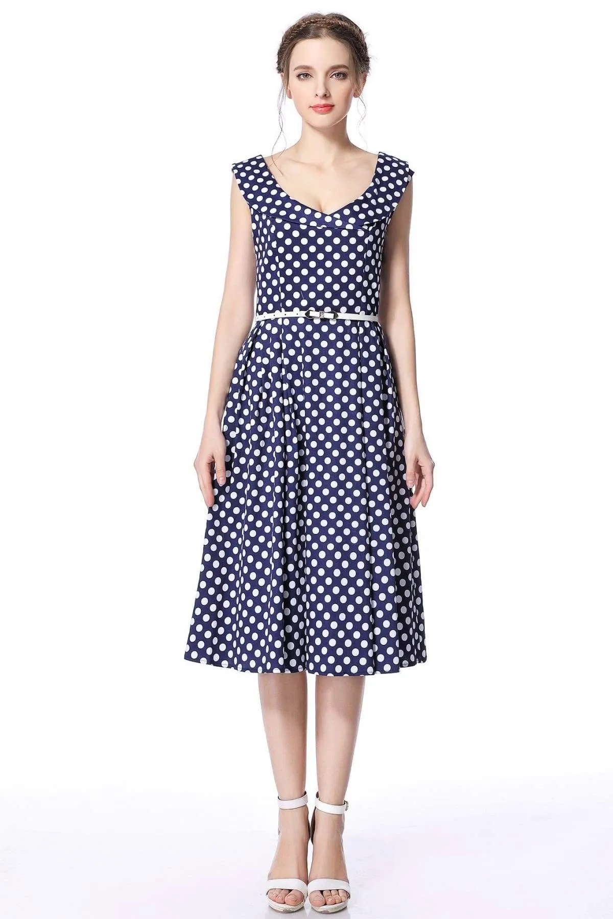 Navy & White Polka Dot Cross Neck Vintage Swing Dress