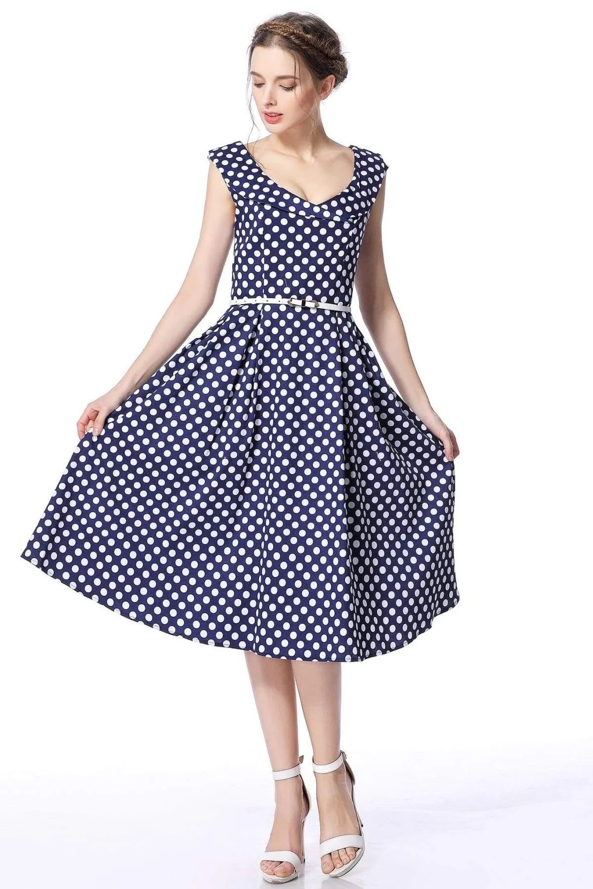 Navy & White Polka Dot Cross Neck Vintage Swing Dress