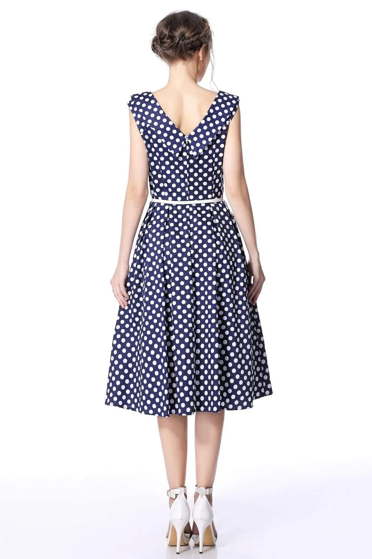 Navy & White Polka Dot Cross Neck Vintage Swing Dress