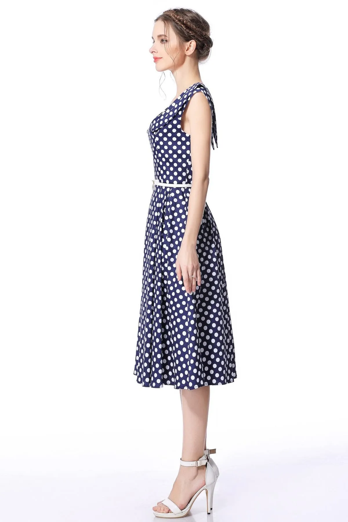 Navy & White Polka Dot Cross Neck Vintage Swing Dress